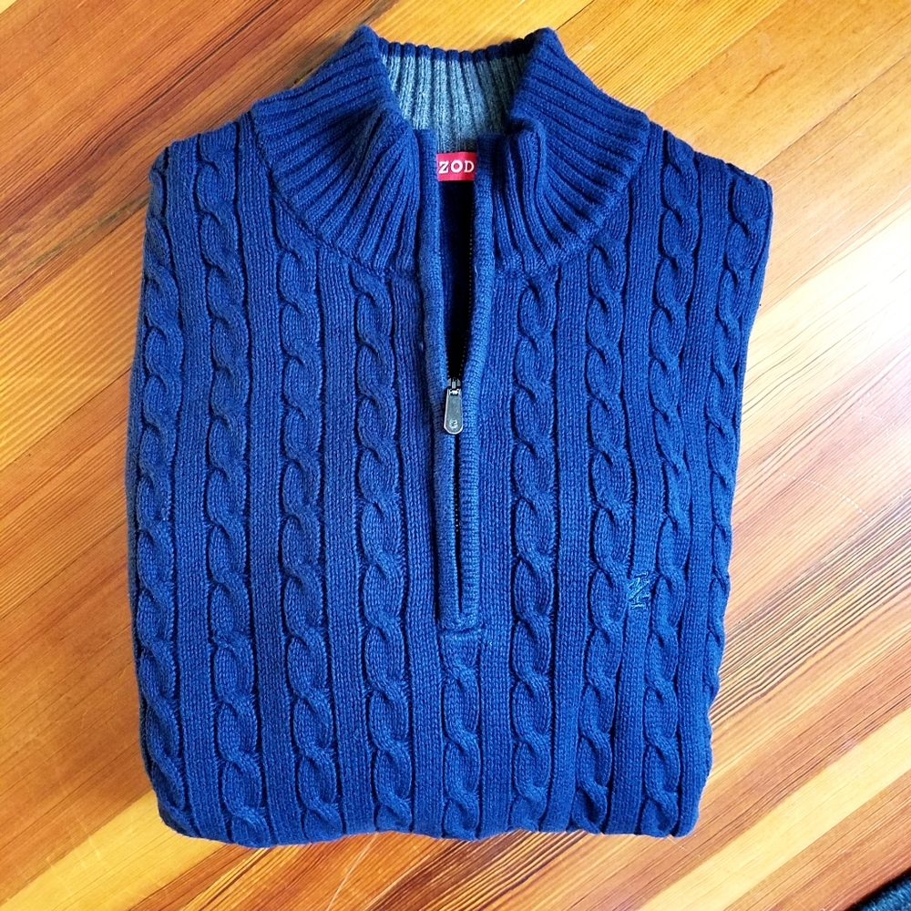 Izod Large Cotton Cable Knit Zip Neck Sweater Navy